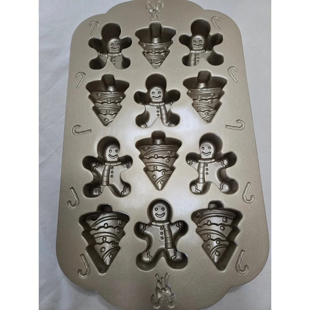 Nordic Ware Holiday Gingerbread Man and Christmas Tree Cakelet Pan Gold 12 Cup
